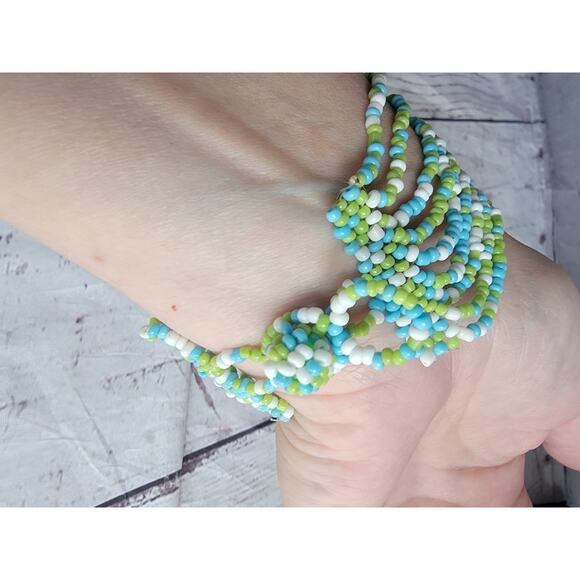Seed Bead Multi Strand Bracelet Lime Green Blue White - Picture 4 of 4